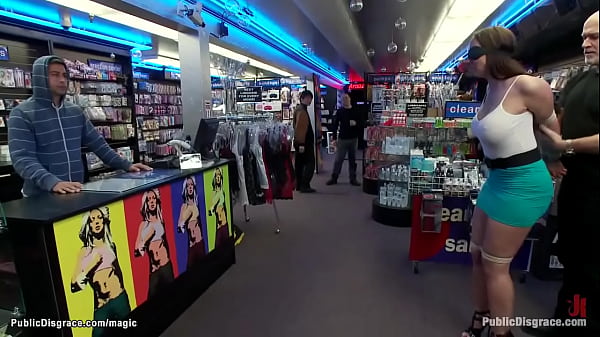 Huge boobs and big ass blindfolded brunette slut Kelly Divine bound by Princess Donna Dolore and Mark Davis anal fisted and groped in public